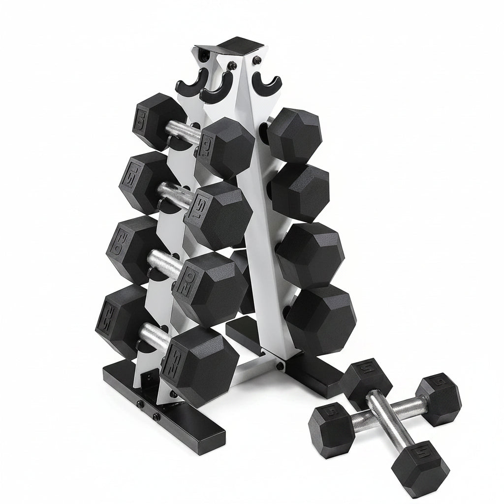 5-25Lb Rubber Coated Hex Dumbbell Set with a Frame Storage Rack Non-Slip Hex Shape for Muscle Toning, Strength Building & Weight Loss - Multiple Choices Available