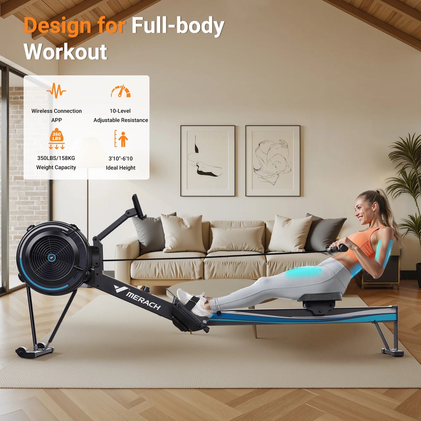 Air Rowing Machine for Home, Professional Air Resistance Magnetic Rower Machine Quiet Resistance Dual Slide Rail with Max 350Lb Weight Capacity for Home 90% Pre-Assembled