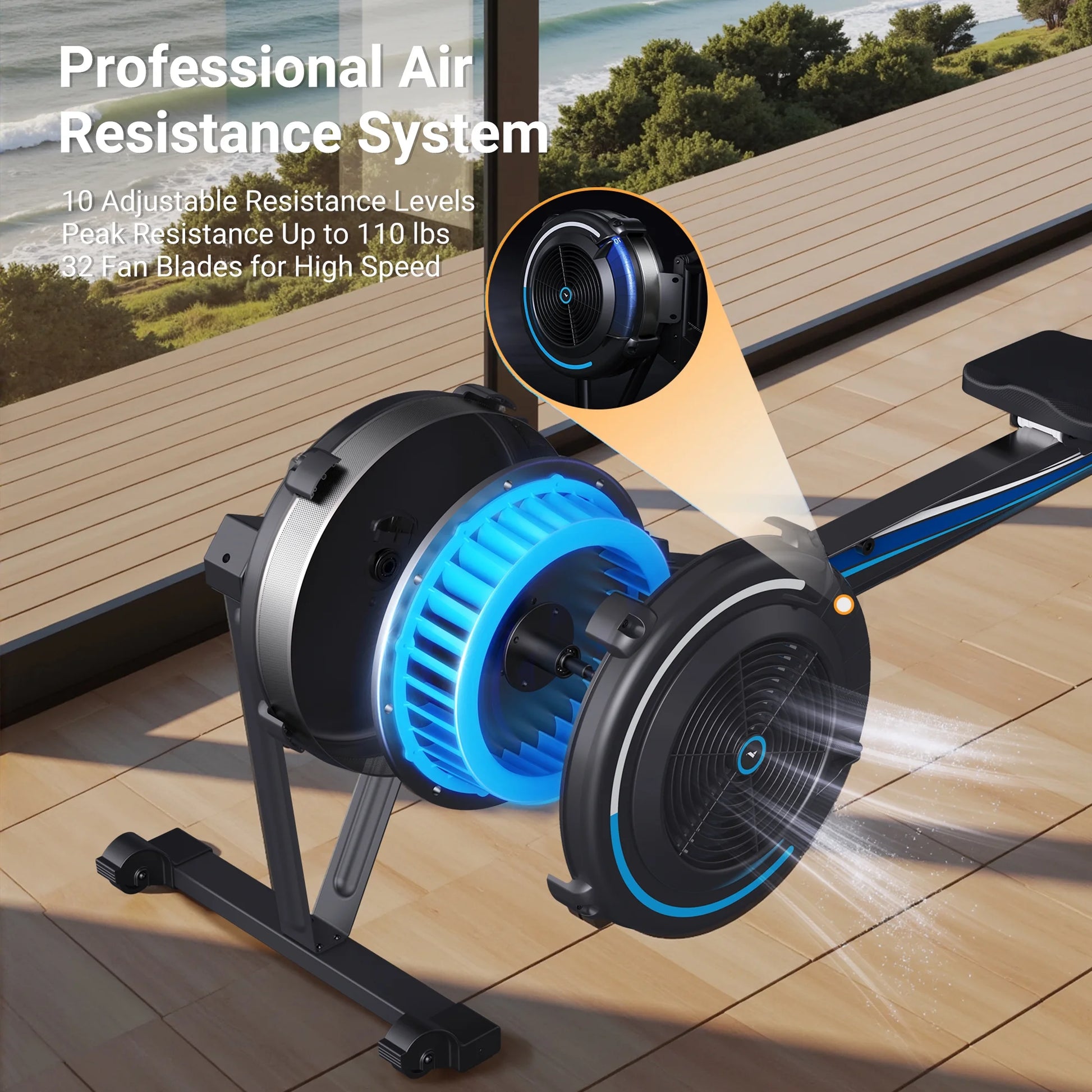 Air Rowing Machine for Home, Professional Air Resistance Magnetic Rower Machine Quiet Resistance Dual Slide Rail with Max 350Lb Weight Capacity for Home 90% Pre-Assembled