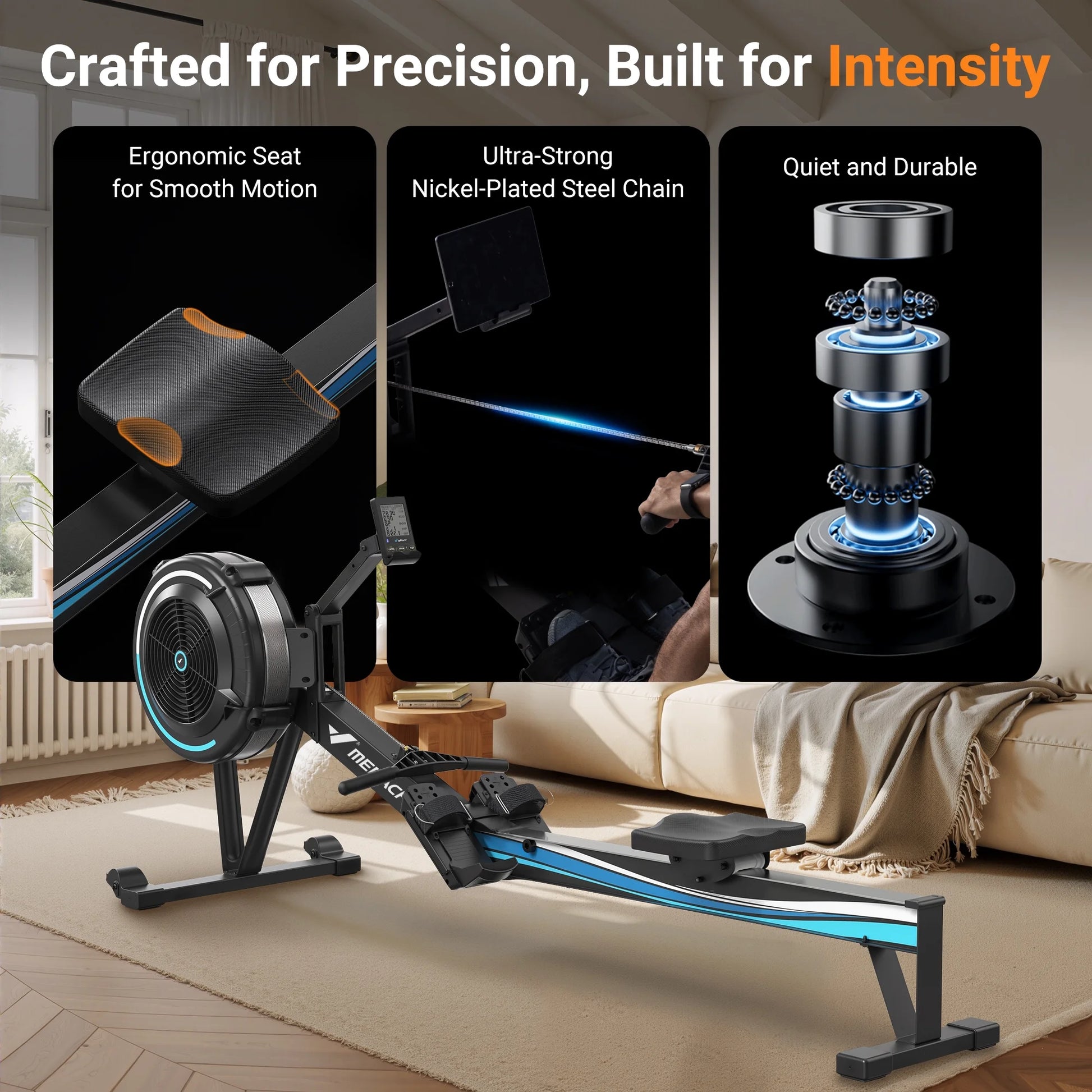 Air Rowing Machine for Home, Professional Air Resistance Magnetic Rower Machine Quiet Resistance Dual Slide Rail with Max 350Lb Weight Capacity for Home 90% Pre-Assembled